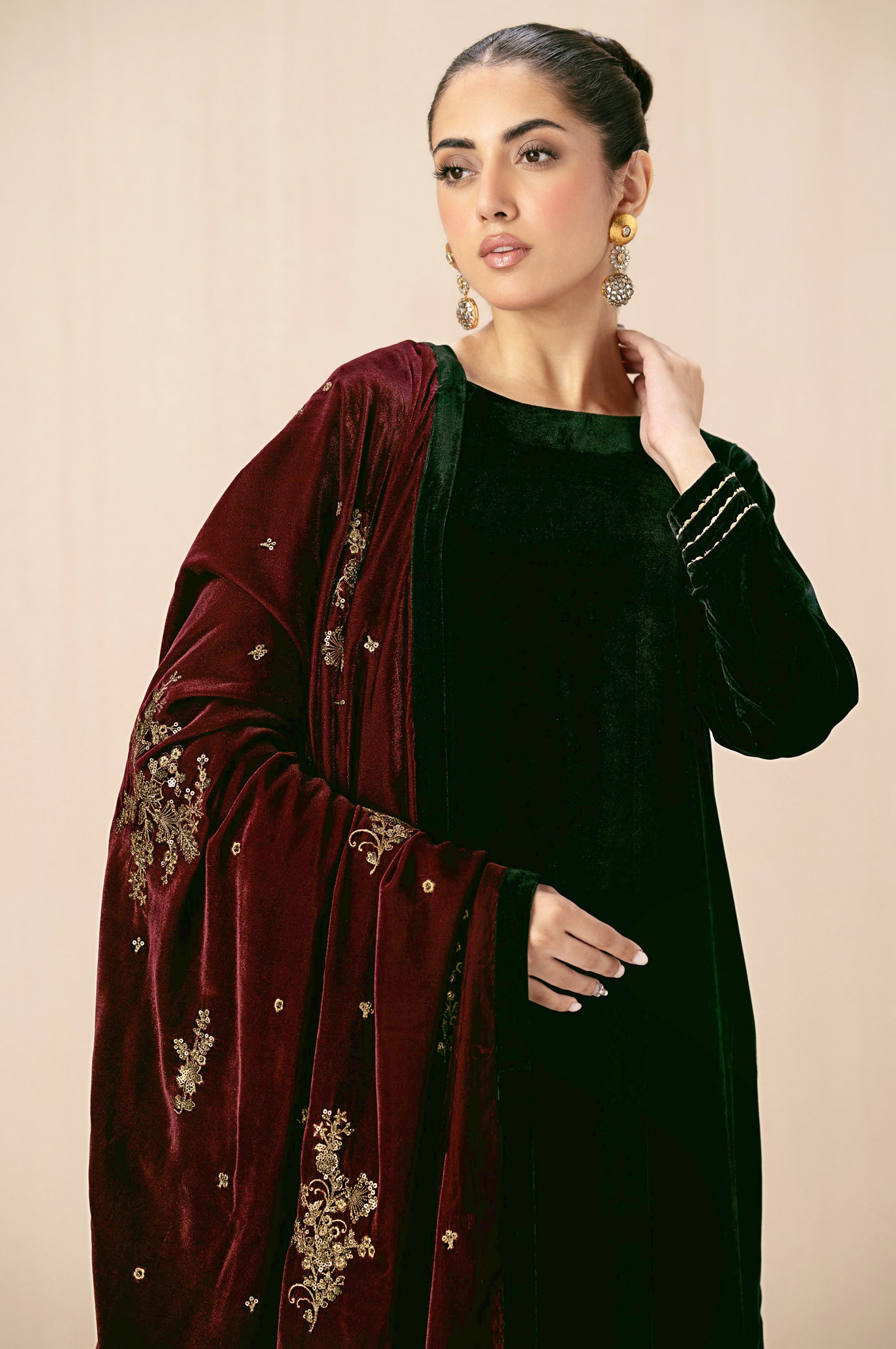 Embroidered Velvet Shawl - Mahogany